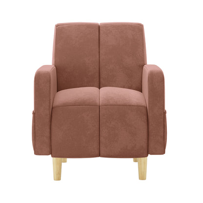 Anica 6 Seater Velvet Fabric Sofa Bed Set in Blush; modern upholstered armchair in dusty-rose fabric, clean lines, padded arms and back, with light wood legs, part of a modular seating arrangement.