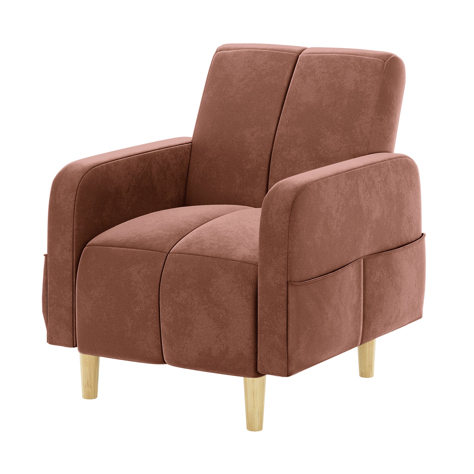 Anica 6 Seater Velvet Fabric Sofa Bed Set in Blush features a compact, modern armchair with rust-brown upholstery, rounded armrests, light-wood tapered legs, and built-in side storage pockets.