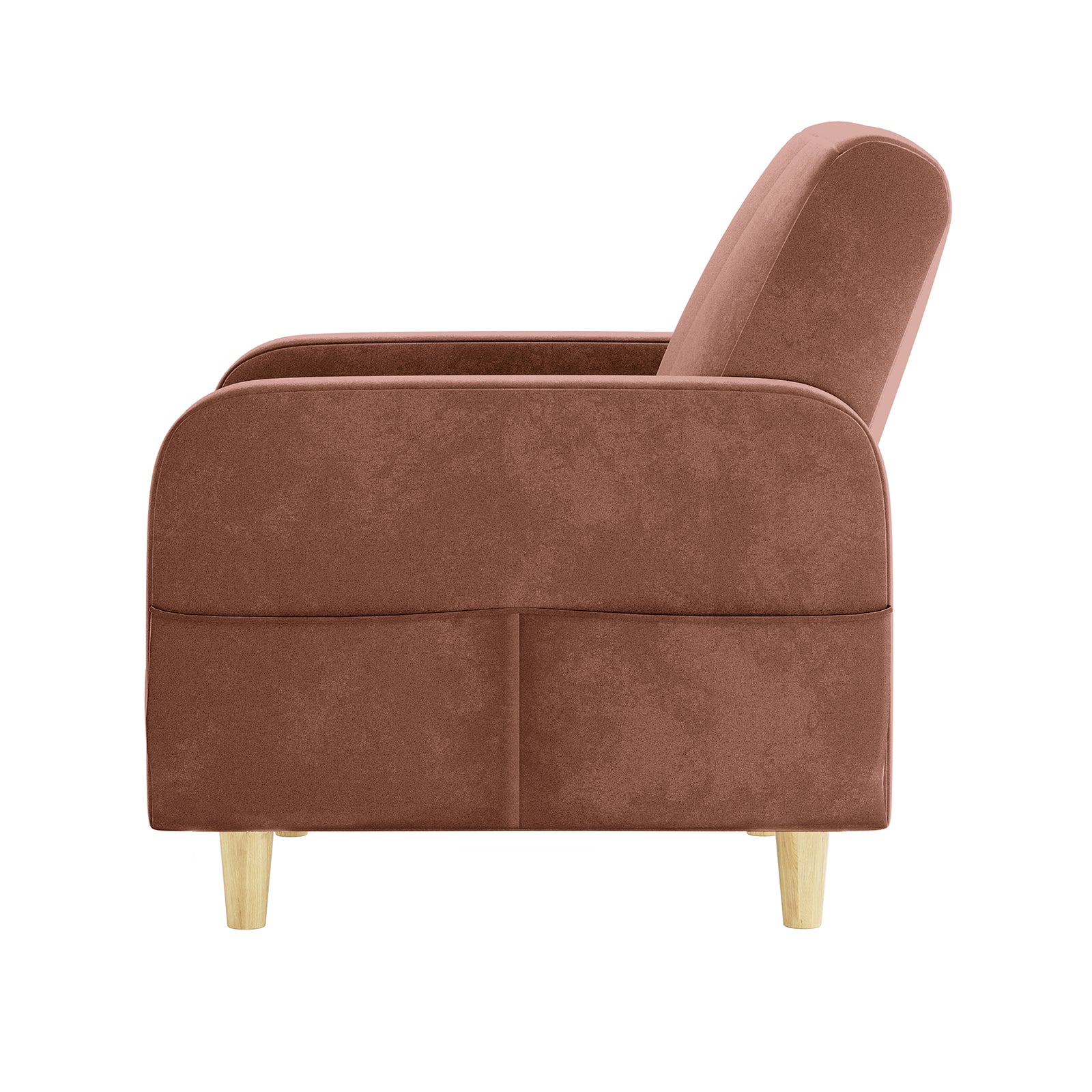 Anica 6 Seater Velvet Fabric Sofa Bed Set in Blush, showcasing a modern armchair with warm brown upholstery, rounded armrests, a back cushion, and short, tapered light-wood legs.