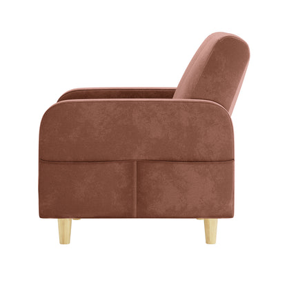 Anica 6 Seater Velvet Fabric Sofa Bed Set in Blush, showcasing a modern armchair with warm brown upholstery, rounded armrests, a back cushion, and short, tapered light-wood legs.