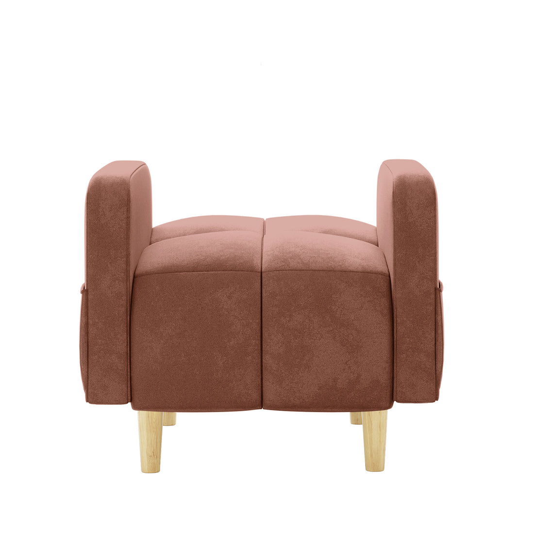 Anica 6 Seater Velvet Fabric Sofa Bed Set in Blush features a two-seat loveseat ottoman with rust-colored velvet, two tufted cushions, matching armrests, and turned light-wood legs, embodying elegance and modular functionality.