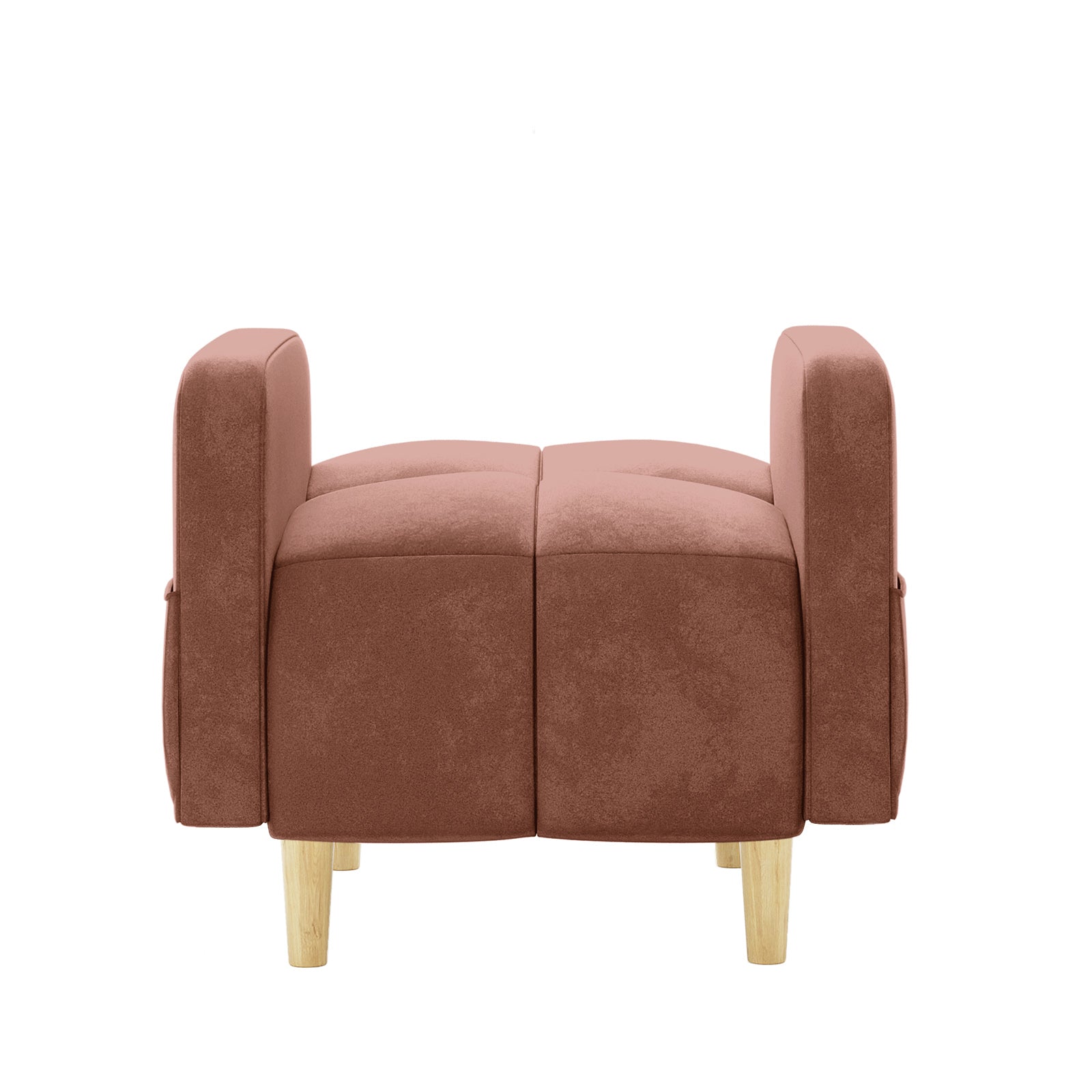 Anica 6 Seater Velvet Fabric Sofa Bed Set in Blush features a two-seat loveseat ottoman with rust-colored velvet, two tufted cushions, matching armrests, and turned light-wood legs, embodying elegance and modular functionality.