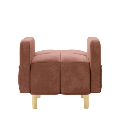 Anica 6 Seater Velvet Fabric Sofa Bed Set in Blush features a two-seat loveseat ottoman with rust-colored velvet, two tufted cushions, matching armrests, and turned light-wood legs, embodying elegance and modular functionality.