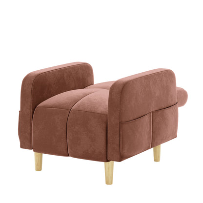Anica 6 Seater Velvet Fabric Sofa Bed Set in Blush, featuring a modular design with a small, modern upholstered armchair in terracotta velvet, resting on four short, turned wooden legs.
