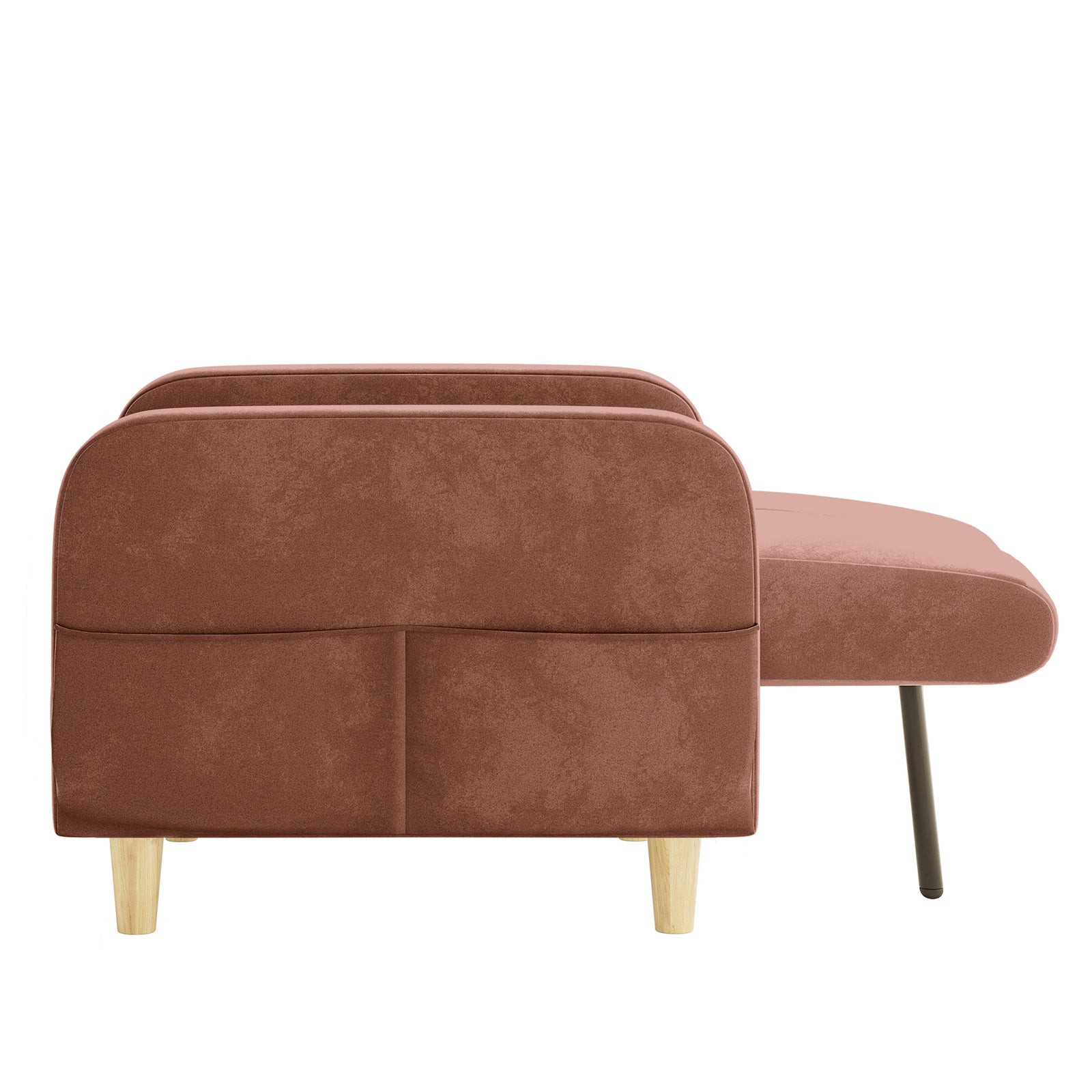 Anica 6 Seater Velvet Fabric Sofa Bed Set in Blush, featuring a sleek L-shaped design with a chaise, upholstered in muted terracotta-brown fabric, and supported by short, tapered wooden and black metal legs.