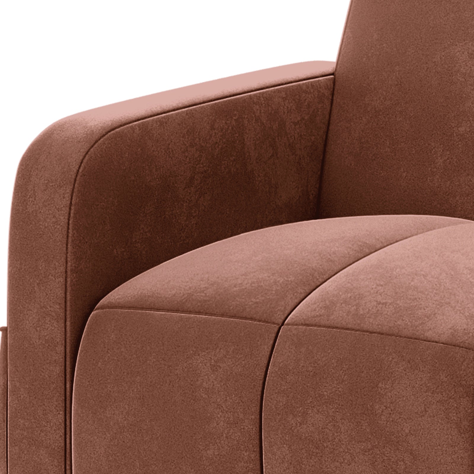 Close-up of Anica 6 Seater Velvet Fabric Sofa Bed Set in Blush, showcasing brown upholstered armrest and seat cushion with visible seams and gently rounded edges, part of a modern modular sofa.