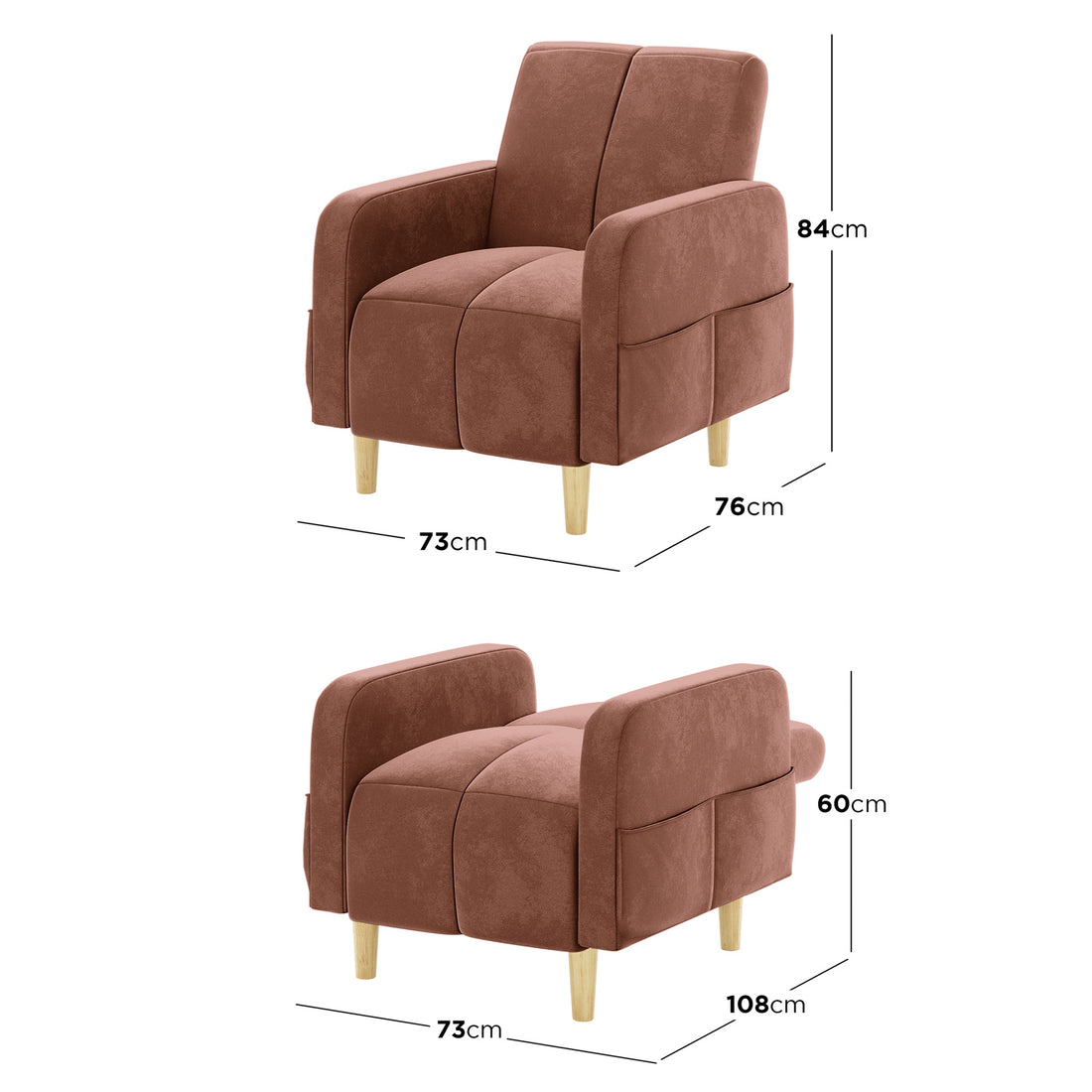 Anica 6 Seater Velvet Fabric Sofa Bed Set in Blush, featuring a plush, convertible armchair with dusty-rose upholstery, tapered wooden legs, and side pockets, showcasing its versatility as a compact chaise.