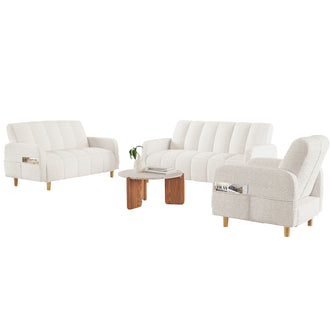 Anica 6 Seater Boucle Sofa Bed Set in Cream White, featuring a two-seat sofa, three-seat sofa, and armchair in off-white boucle fabric, each with side pockets, centered around a terrazzo-style coffee table.