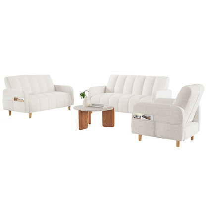 Anica 6 Seater Boucle Sofa Bed Set in Cream White, featuring a two-seat sofa, three-seat sofa, and armchair in off-white boucle fabric, each with side pockets, centered around a terrazzo-style coffee table.