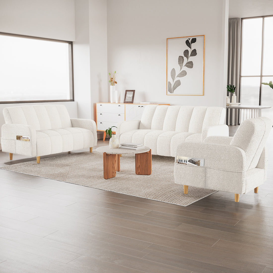 Anica 6 Seater Boucle Sofa Bed Set in Cream White, featuring a three-seater, two-seater, and armchair in soft boucle fabric, arranged in a bright, minimalist living room with natural light.