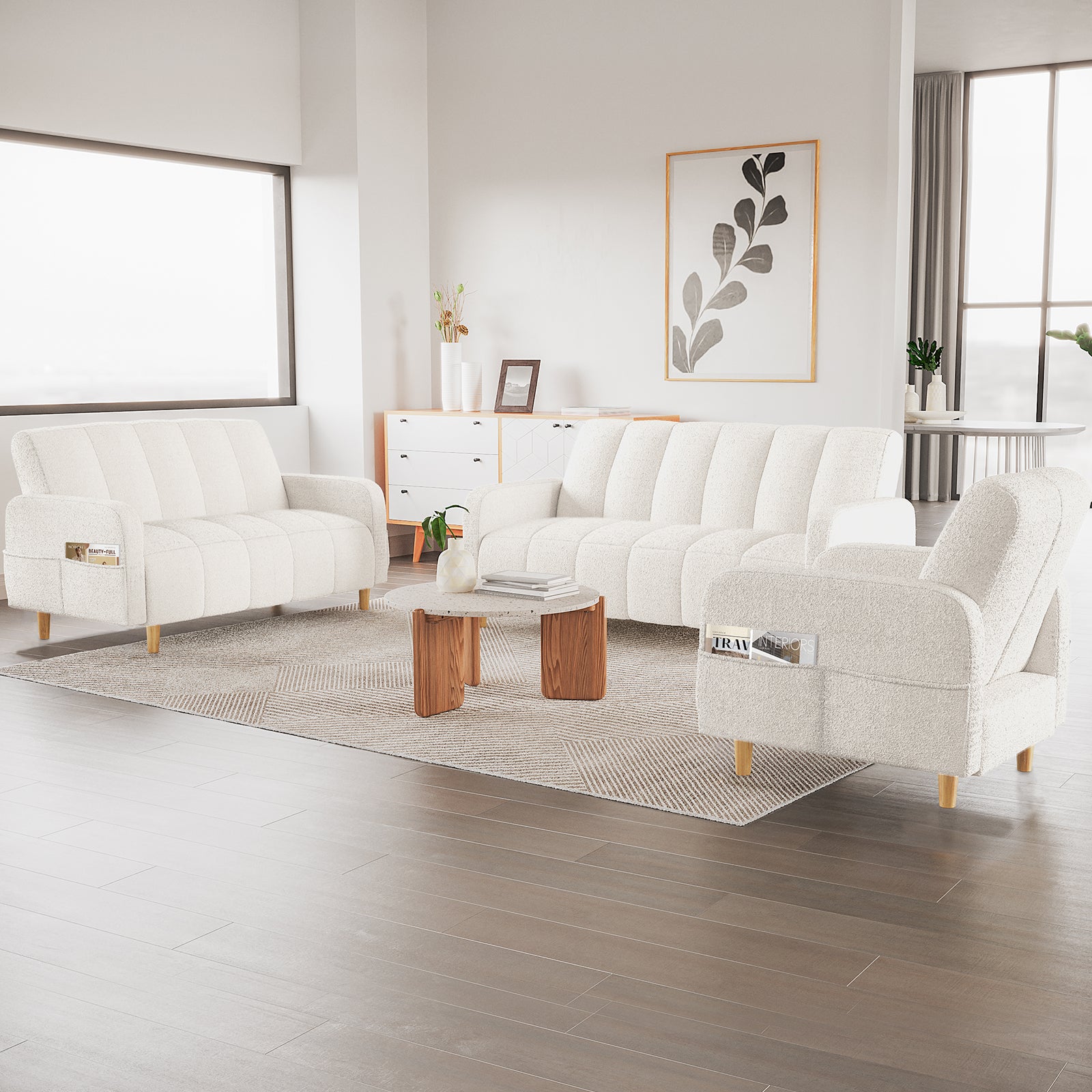 Anica 6 Seater Boucle Sofa Bed Set in Cream White, featuring a three-seater, two-seater, and armchair in soft boucle fabric, arranged in a bright, minimalist living room with natural light.