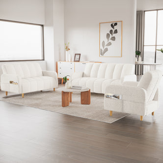 Anica 6 Seater Boucle Sofa Bed Set in Cream White, featuring a three-seater, two-seater, and armchair in soft boucle fabric, arranged in a bright, minimalist living room with natural light.