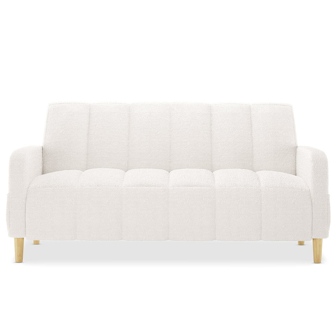 Anica 6 Seater Boucle Sofa Bed Set in Cream White, featuring a modern design with tufted off-white bouclé fabric, low arms, and tapered wooden legs, showcased against a plain white background.