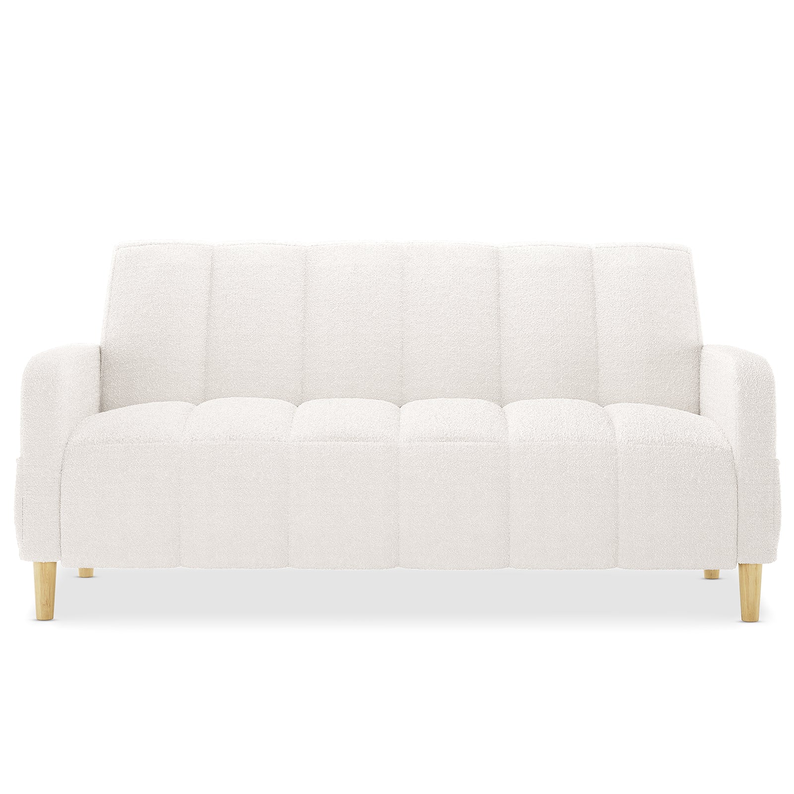 Anica 6 Seater Boucle Sofa Bed Set in Cream White, featuring a modern design with tufted off-white bouclé fabric, low arms, and tapered wooden legs, showcased against a plain white background.