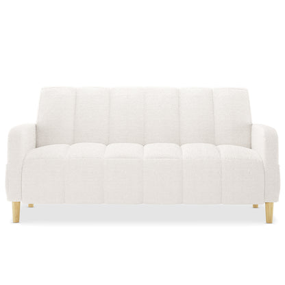Anica 6 Seater Boucle Sofa Bed Set in Cream White, featuring a modern design with tufted off-white bouclé fabric, low arms, and tapered wooden legs, showcased against a plain white background.
