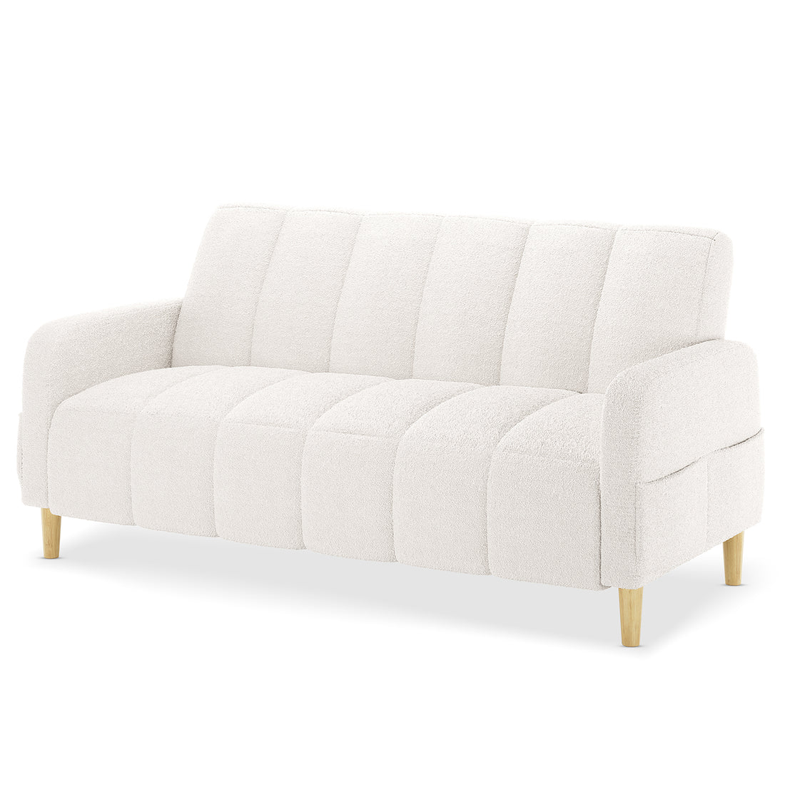 Anica 6 Seater Boucle Sofa Bed Set in Cream White features an off-white upholstered sofa with softly tufted seats, rounded armrests, and short, tapered wooden legs, emphasizing modern elegance and functionality.