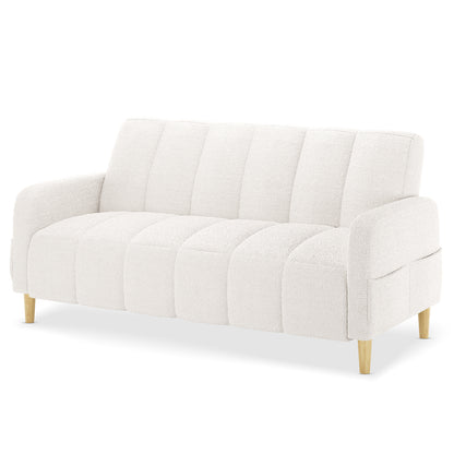 Anica 6 Seater Boucle Sofa Bed Set in Cream White features an off-white upholstered sofa with softly tufted seats, rounded armrests, and short, tapered wooden legs, emphasizing modern elegance and functionality.