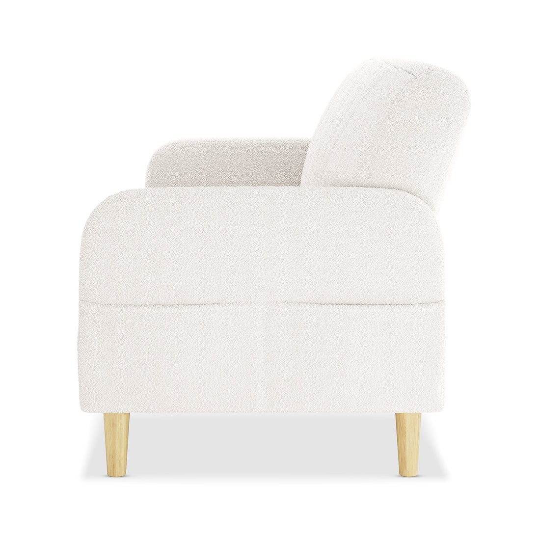 Side-view of Anica 6 Seater Boucle Sofa Bed Set in Cream White, featuring an upholstered armchair in soft off-white boucle fabric with short, tapered light-wood legs, showcasing modern elegance.