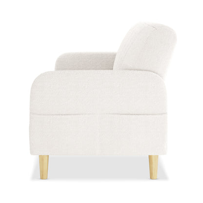 Side-view of Anica 6 Seater Boucle Sofa Bed Set in Cream White, featuring an upholstered armchair in soft off-white boucle fabric with short, tapered light-wood legs, showcasing modern elegance.