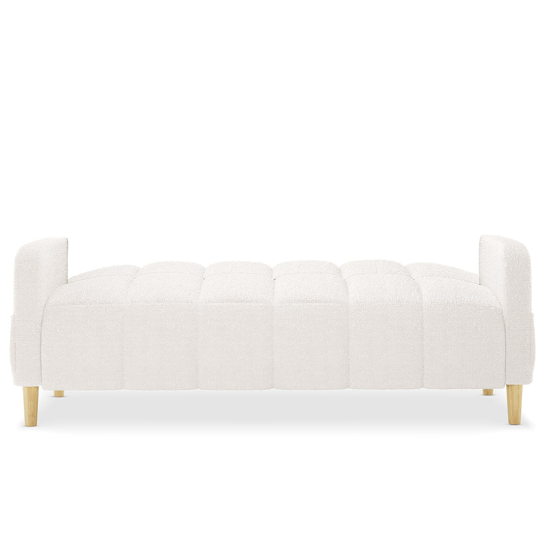 Anica 6 Seater Boucle Sofa Bed Set in Cream White features a softly tufted, upholstered daybed with padded backrests and four short light-wood legs, showcasing its modern, stylish design.