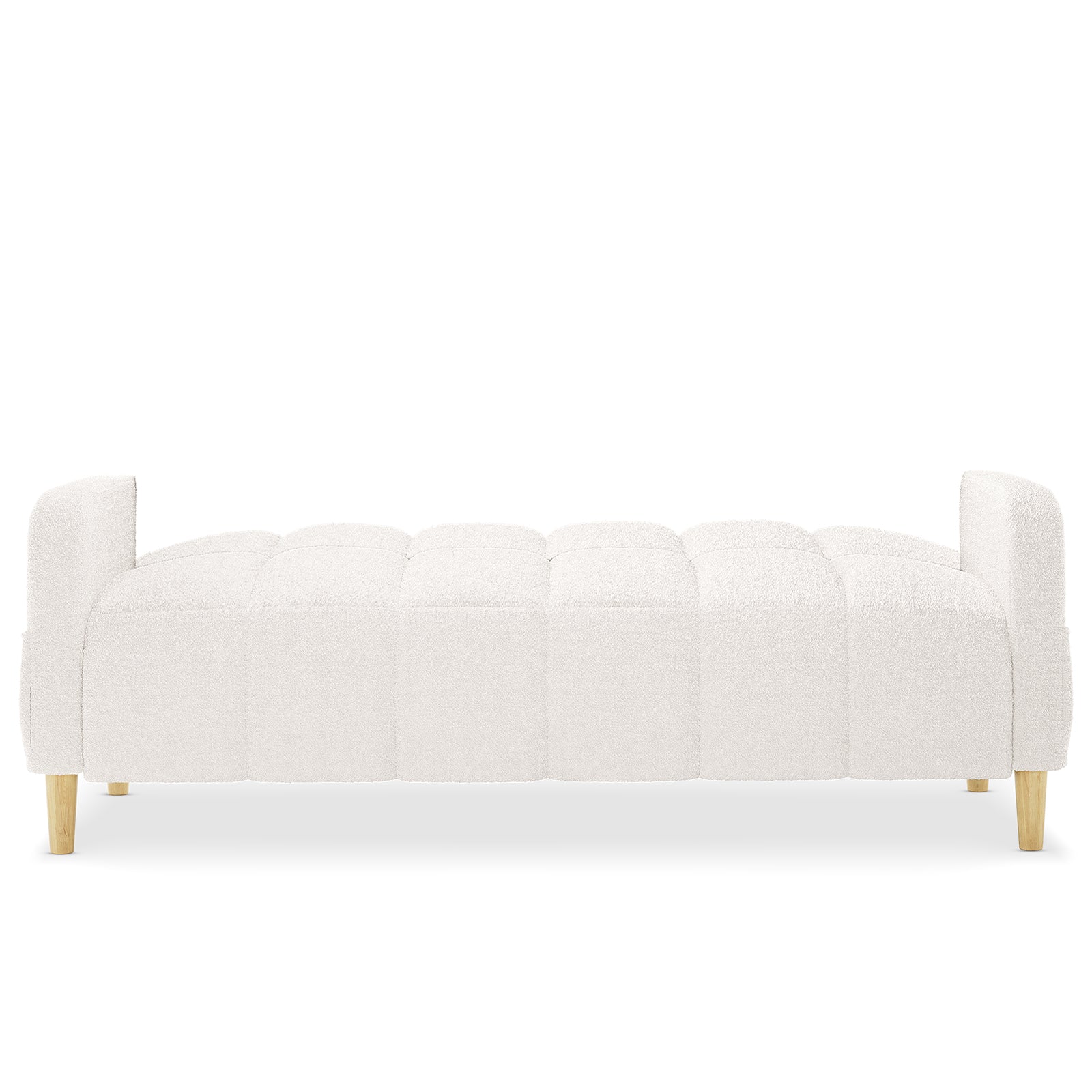 Anica 6 Seater Boucle Sofa Bed Set in Cream White features a softly tufted, upholstered daybed with padded backrests and four short light-wood legs, showcasing its modern, stylish design.