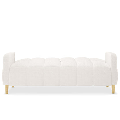 Anica 6 Seater Boucle Sofa Bed Set in Cream White features a softly tufted, upholstered daybed with padded backrests and four short light-wood legs, showcasing its modern, stylish design.