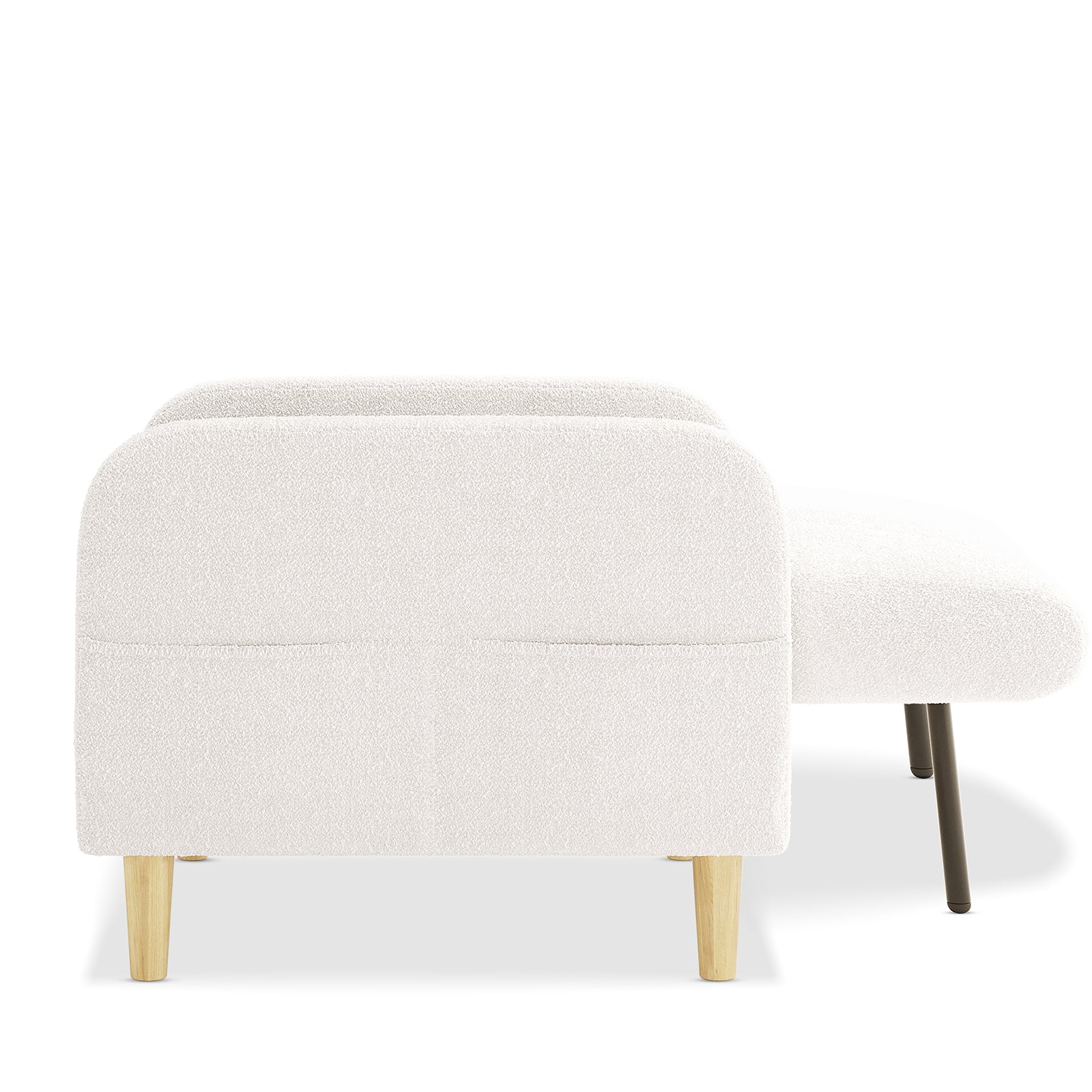 Anica 6 Seater Boucle Sofa Bed Set in Cream White, featuring a low-back sofa with light wood legs and matching chaise with metal legs, upholstered in nubby bouclé fabric.