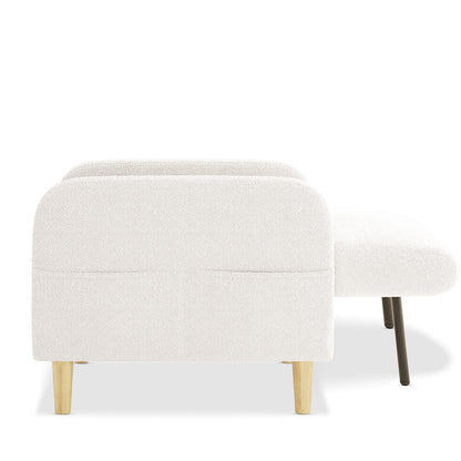 Anica 6 Seater Boucle Sofa Bed Set in Cream White, featuring a low-back sofa with light wood legs and matching chaise with metal legs, upholstered in nubby bouclé fabric.