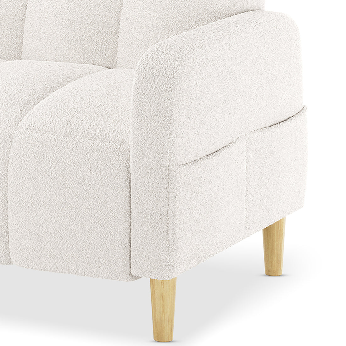 Close-up of Anica 6 Seater Boucle Sofa Bed Set in Cream White, showcasing soft boucle fabric, subtle tufting, and light wooden legs, emphasizing modern design and comfort.