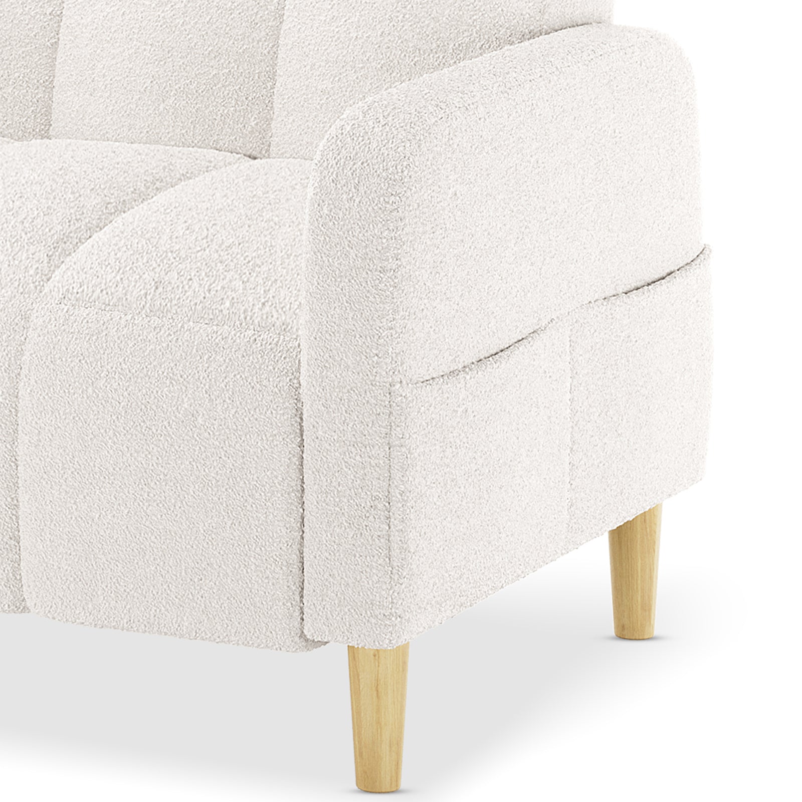 Close-up of Anica 6 Seater Boucle Sofa Bed Set in Cream White, showcasing soft boucle fabric, subtle tufting, and light wooden legs, emphasizing modern design and comfort.