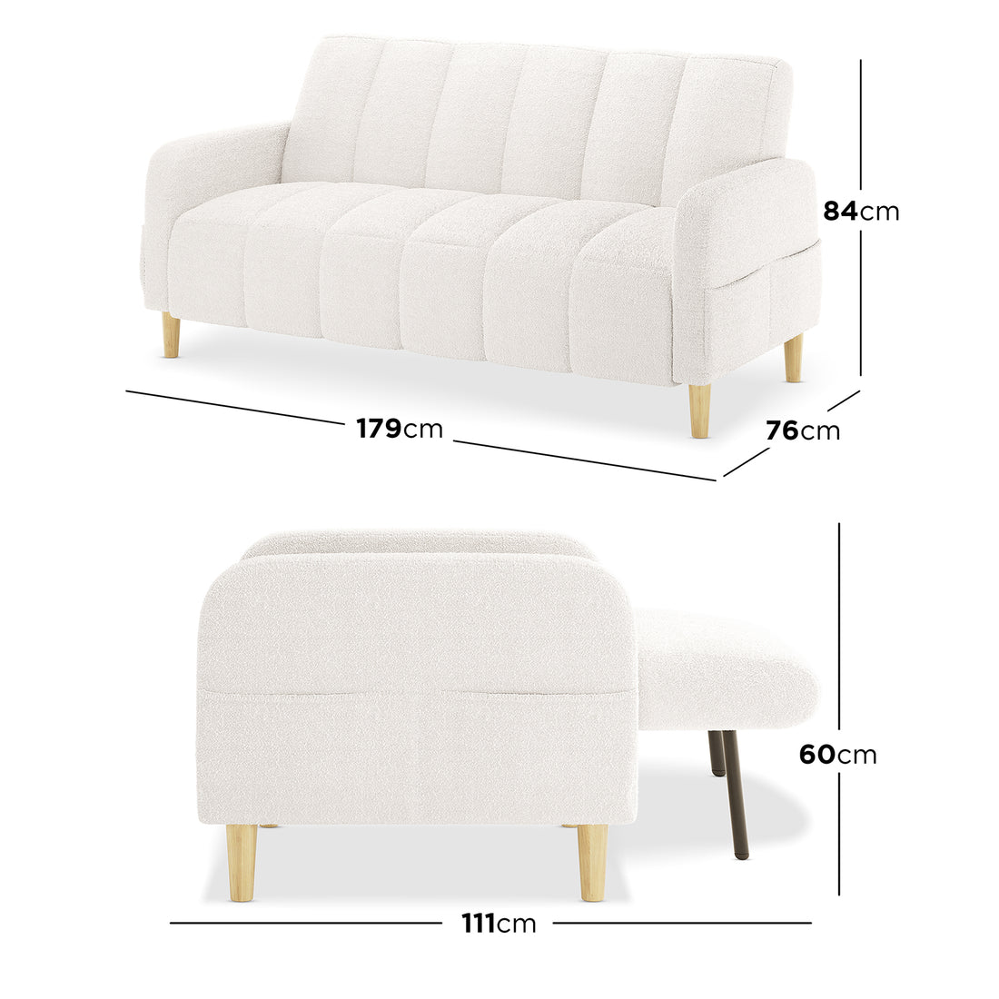 Anica 6 Seater Boucle Sofa Bed Set in Cream White, featuring a modern three-seater sofa with boucle upholstery and exposed wooden legs. It displays compact dimensions for versatile, space-saving living room arrangements.