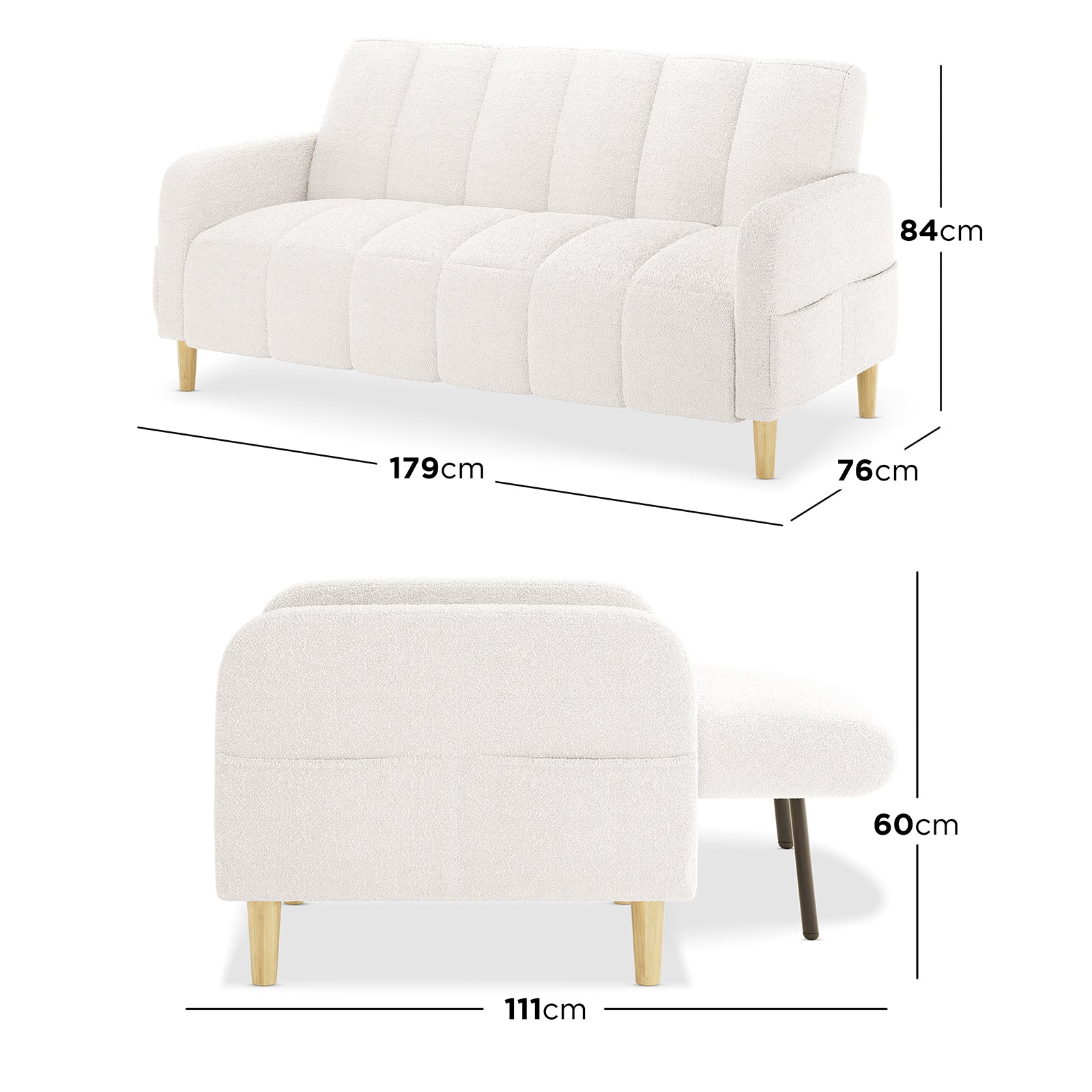 Anica 6 Seater Boucle Sofa Bed Set in Cream White, featuring a modern three-seater sofa with boucle upholstery and exposed wooden legs. It displays compact dimensions for versatile, space-saving living room arrangements.