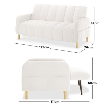 Anica 6 Seater Boucle Sofa Bed Set in Cream White, featuring a modern three-seater sofa with boucle upholstery and exposed wooden legs. It displays compact dimensions for versatile, space-saving living room arrangements.