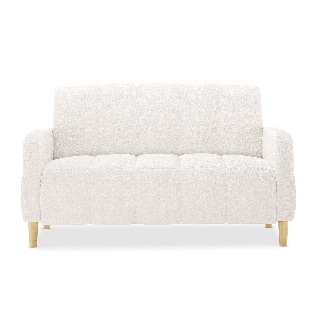 Anica 6 Seater Boucle Sofa Bed Set in Cream White features a light-cream, bouclé-style loveseat with vertical channel tufting, rounded arms, and short, tapered wooden legs, epitomizing modern elegance.