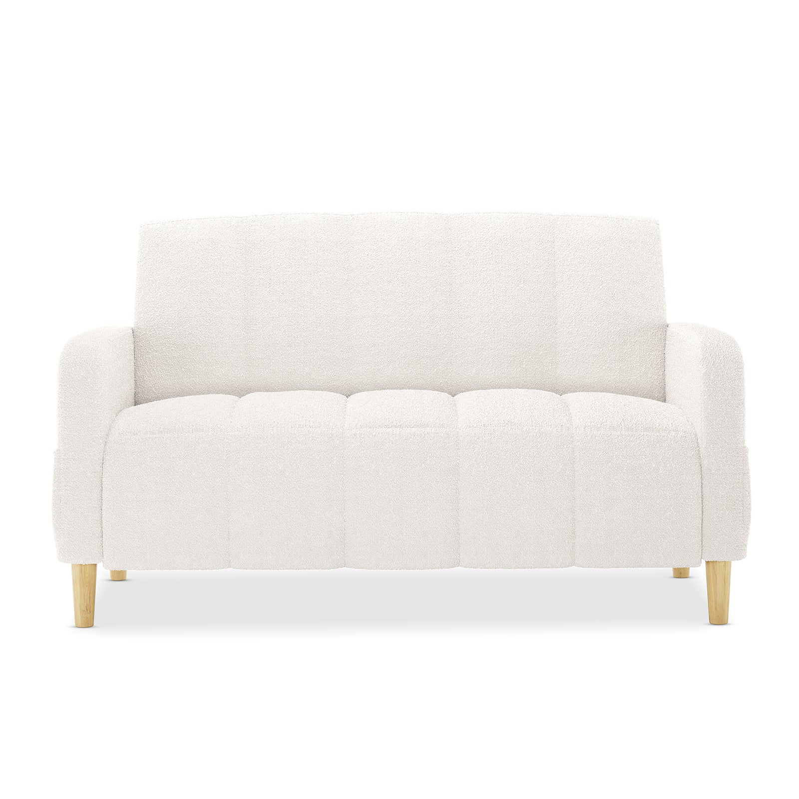 Anica 6 Seater Boucle Sofa Bed Set in Cream White features a light-cream, bouclé-style loveseat with vertical channel tufting, rounded arms, and short, tapered wooden legs, epitomizing modern elegance.