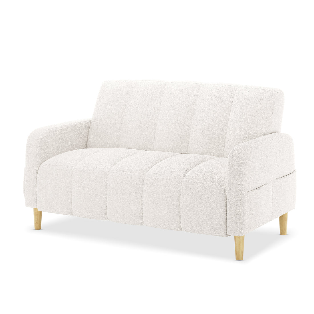 Anica 6 Seater Boucle Sofa Bed Set in Cream White featuring a small two-seat loveseat with light boucle upholstery, curved arms, vertical channel tufting, and four tapered light-wood legs.