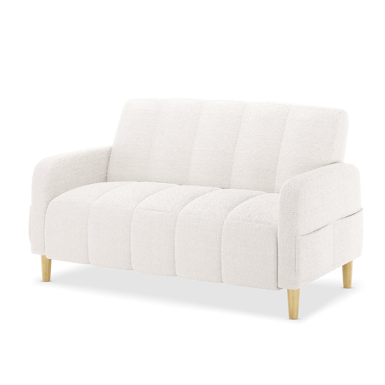 Anica 6 Seater Boucle Sofa Bed Set in Cream White featuring a small two-seat loveseat with light boucle upholstery, curved arms, vertical channel tufting, and four tapered light-wood legs.