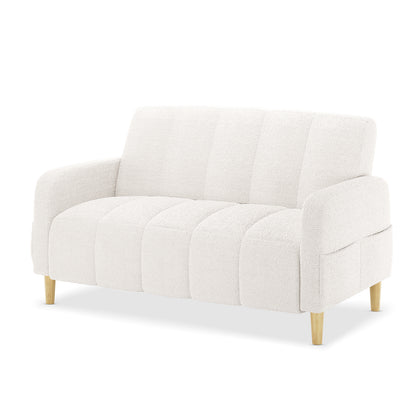 Anica 6 Seater Boucle Sofa Bed Set in Cream White featuring a small two-seat loveseat with light boucle upholstery, curved arms, vertical channel tufting, and four tapered light-wood legs.