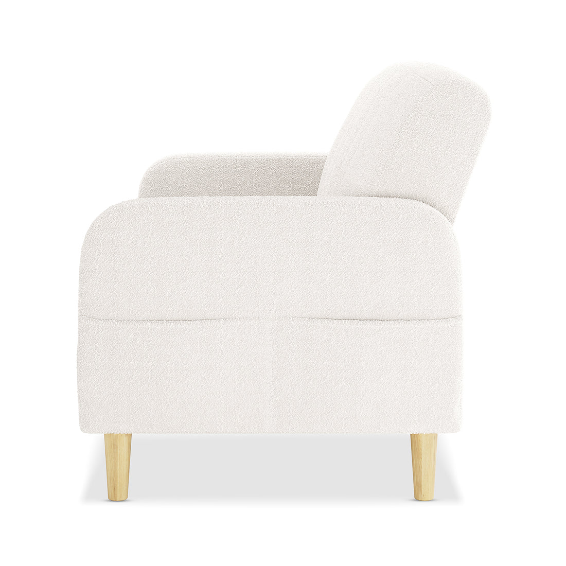 Anica 6 Seater Boucle Sofa Bed Set in Cream White features a modern upholstered armchair with a softly rounded backrest and armrests in textured bouclé fabric, supported by light-wood tapered legs.