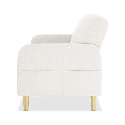 Anica 6 Seater Boucle Sofa Bed Set in Cream White features a modern upholstered armchair with a softly rounded backrest and armrests in textured bouclé fabric, supported by light-wood tapered legs.