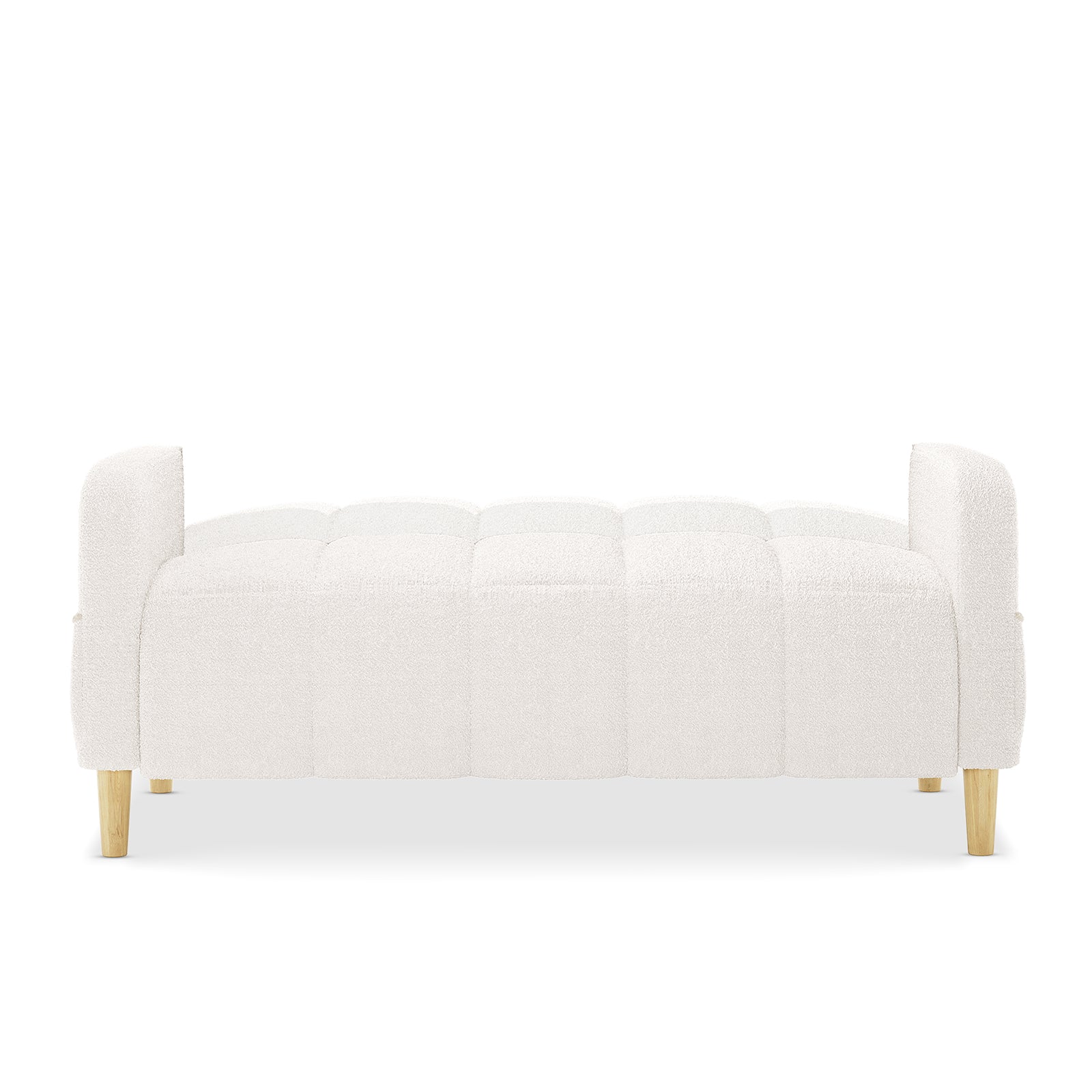 Anica 6 Seater Boucle Sofa Bed Set in Cream White features a low, rectangular bench with tufted top cushion, short light wooden legs, and small squared armrests, upholstered in soft bouclé fabric.