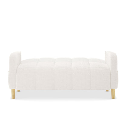 Anica 6 Seater Boucle Sofa Bed Set in Cream White features a low, rectangular bench with tufted top cushion, short light wooden legs, and small squared armrests, upholstered in soft bouclé fabric.