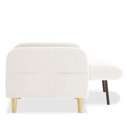Anica 6 Seater Boucle Sofa Bed Set in Cream White features a modern two-piece sectional with off-white boucle upholstery, a two-seat sofa with rounded corners, and a matching chaise extension on tapered wood and metal legs.