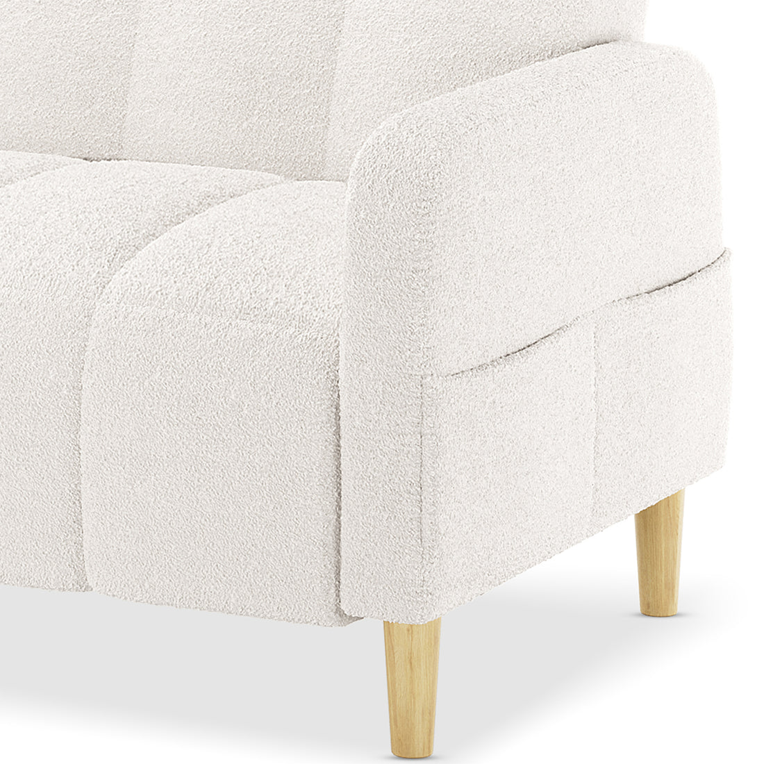 Anica 6 Seater Boucle Sofa Bed Set in Cream White, featuring soft boucle fabric, gentle channel tufting, rounded armrest, and tapered natural-wood leg for a stylish, cosy look.