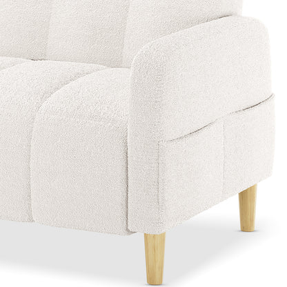 Anica 6 Seater Boucle Sofa Bed Set in Cream White, featuring soft boucle fabric, gentle channel tufting, rounded armrest, and tapered natural-wood leg for a stylish, cosy look.