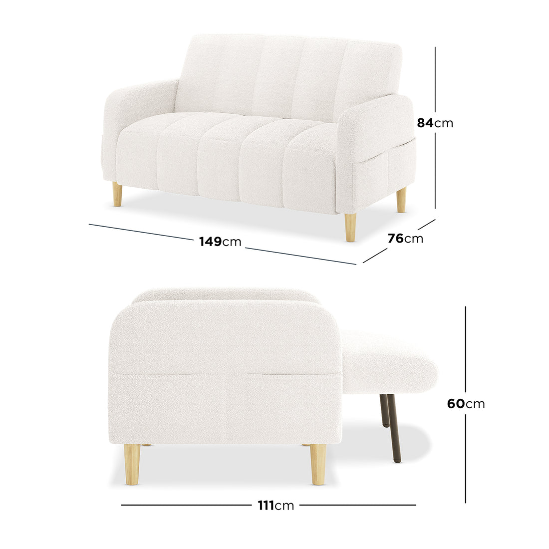 Anica 6 Seater Boucle Sofa Bed Set in Cream White, featuring a compact two-seater with white textured upholstery, exposed light-wood legs, and a matching chaise extension for modern living spaces.
