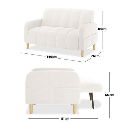 Anica 6 Seater Boucle Sofa Bed Set in Cream White, featuring a compact two-seater with white textured upholstery, exposed light-wood legs, and a matching chaise extension for modern living spaces.