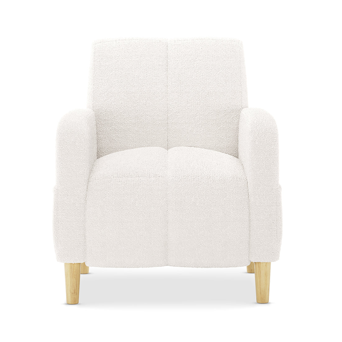 Anica 6 Seater Boucle Sofa Bed Set in Cream White, featuring an off-white, textured armchair with rounded armrests, divided cushions, and short tapered natural-wood legs.