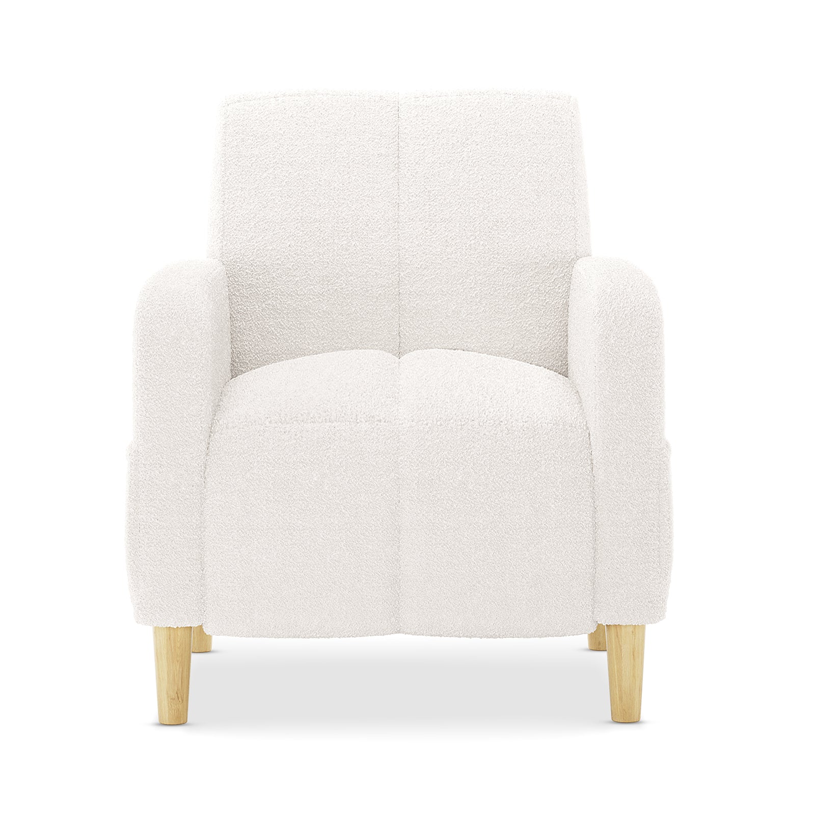 Anica 6 Seater Boucle Sofa Bed Set in Cream White, featuring an off-white, textured armchair with rounded armrests, divided cushions, and short tapered natural-wood legs.