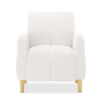 Anica 6 Seater Boucle Sofa Bed Set in Cream White, featuring an off-white, textured armchair with rounded armrests, divided cushions, and short tapered natural-wood legs.